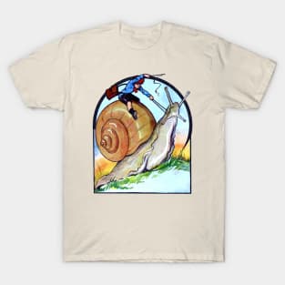 Cottagecore Vintage Little Boy Riding a Garden Snail Fantasy T-Shirt